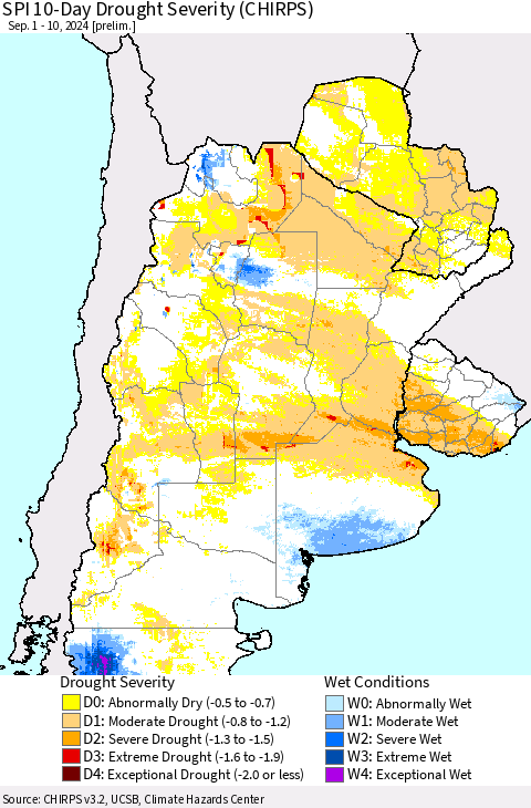 Southern South America SPI 10-Day Drought Severity (CHIRPS) Thematic Map For 9/1/2024 - 9/10/2024