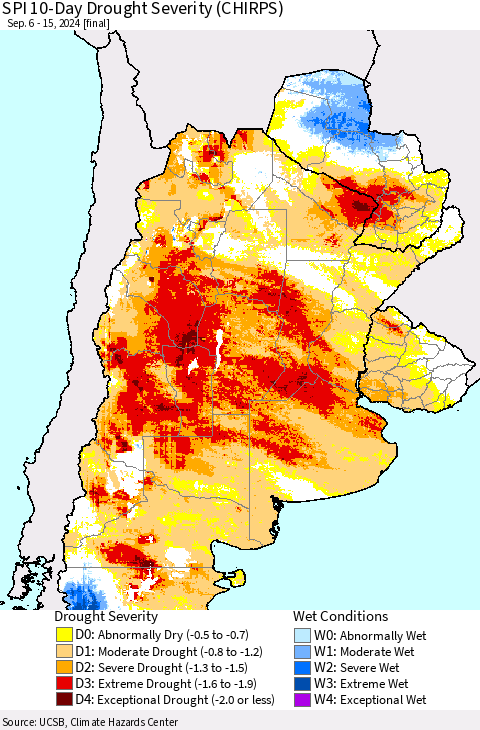 Southern South America SPI 10-Day Drought Severity (CHIRPS) Thematic Map For 9/6/2024 - 9/15/2024
