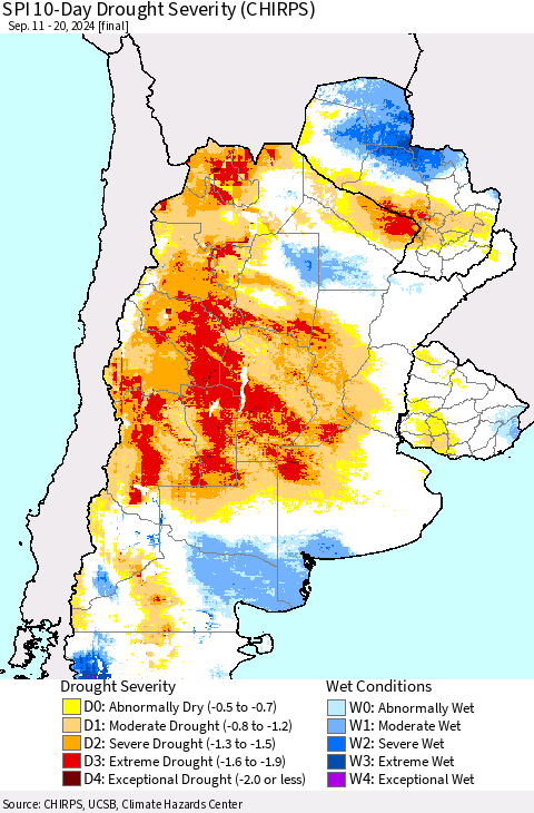 Southern South America SPI 10-Day Drought Severity (CHIRPS) Thematic Map For 9/11/2024 - 9/20/2024