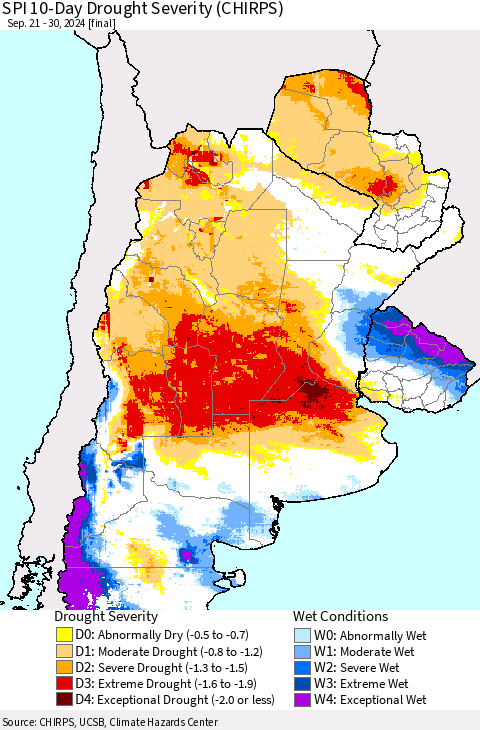 Southern South America SPI 10-Day Drought Severity (CHIRPS) Thematic Map For 9/21/2024 - 9/30/2024