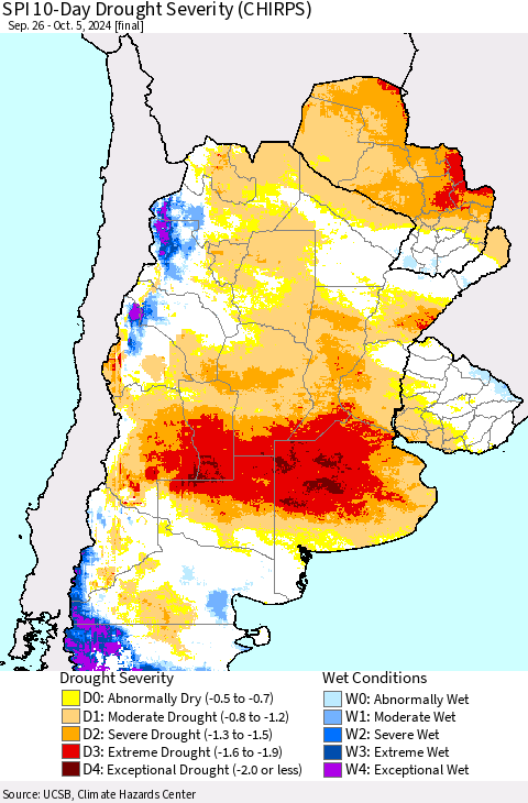 Southern South America SPI 10-Day Drought Severity (CHIRPS) Thematic Map For 9/26/2024 - 10/5/2024