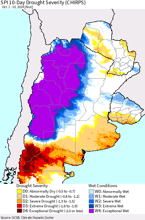 Southern South America SPI 10-Day Drought Severity (CHIRPS) Thematic Map For 10/1/2024 - 10/10/2024