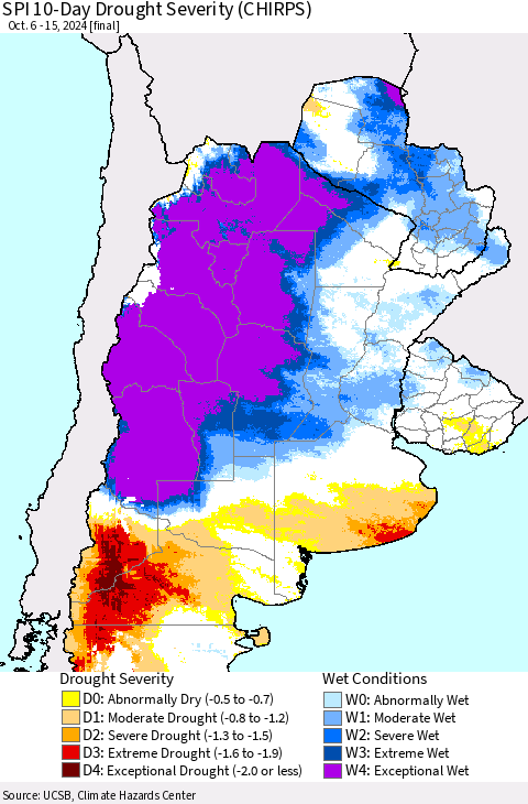 Southern South America SPI 10-Day Drought Severity (CHIRPS) Thematic Map For 10/6/2024 - 10/15/2024