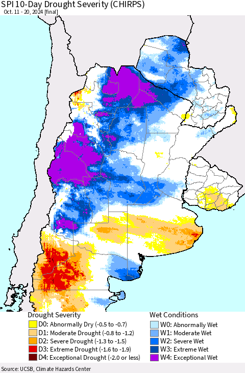 Southern South America SPI 10-Day Drought Severity (CHIRPS) Thematic Map For 10/11/2024 - 10/20/2024