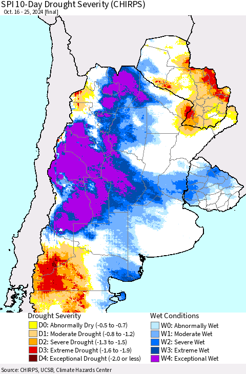 Southern South America SPI 10-Day Drought Severity (CHIRPS) Thematic Map For 10/16/2024 - 10/25/2024