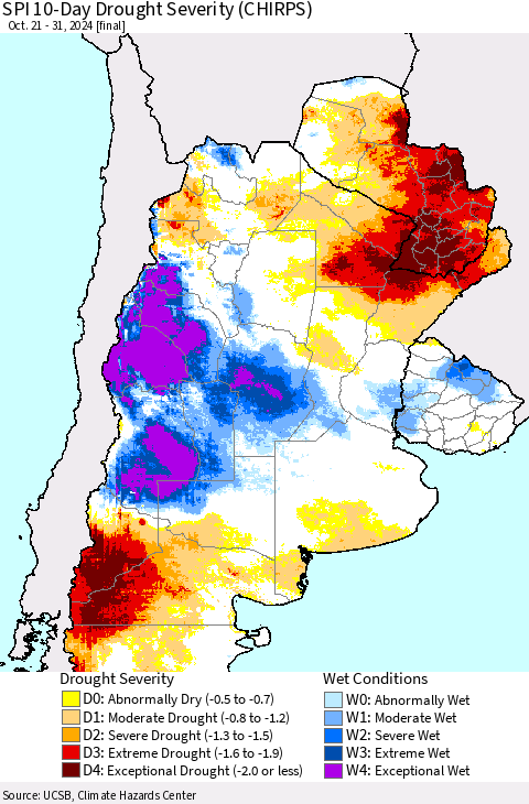 Southern South America SPI 10-Day Drought Severity (CHIRPS) Thematic Map For 10/21/2024 - 10/31/2024