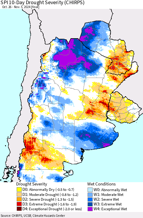 Southern South America SPI 10-Day Drought Severity (CHIRPS) Thematic Map For 10/26/2024 - 11/5/2024
