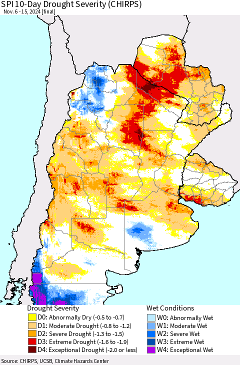Southern South America SPI 10-Day Drought Severity (CHIRPS) Thematic Map For 11/6/2024 - 11/15/2024