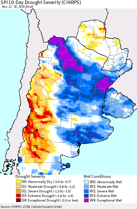 Southern South America SPI 10-Day Drought Severity (CHIRPS) Thematic Map For 11/21/2024 - 11/30/2024
