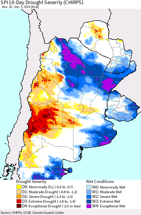 Southern South America SPI 10-Day Drought Severity (CHIRPS) Thematic Map For 11/26/2024 - 12/5/2024