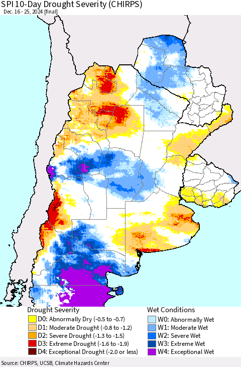 Southern South America SPI 10-Day Drought Severity (CHIRPS) Thematic Map For 12/16/2024 - 12/25/2024