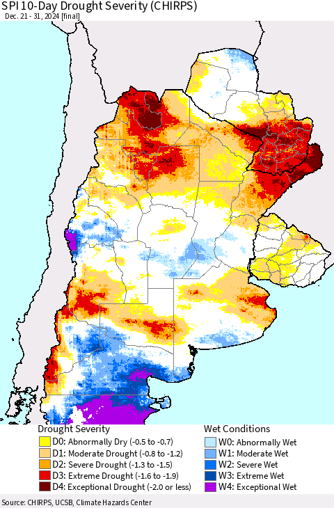Southern South America SPI 10-Day Drought Severity (CHIRPS) Thematic Map For 12/21/2024 - 12/31/2024