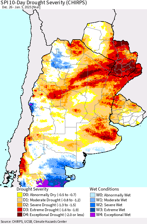 Southern South America SPI 10-Day Drought Severity (CHIRPS) Thematic Map For 12/26/2024 - 1/5/2025