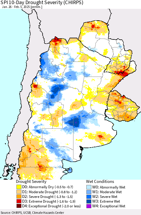 Southern South America SPI 10-Day Drought Severity (CHIRPS) Thematic Map For 1/26/2025 - 2/5/2025