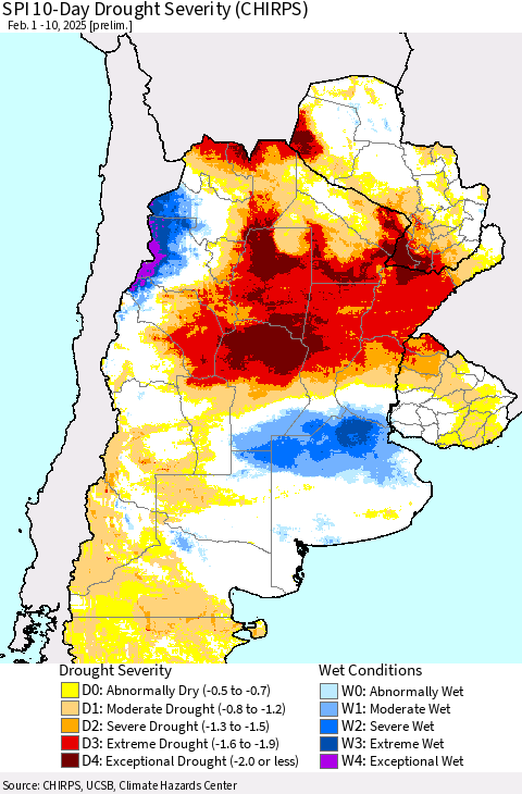 Southern South America SPI 10-Day Drought Severity (CHIRPS) Thematic Map For 2/1/2025 - 2/10/2025