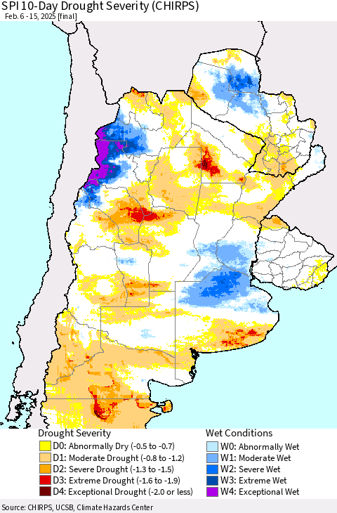 Southern South America SPI 10-Day Drought Severity (CHIRPS) Thematic Map For 2/6/2025 - 2/15/2025
