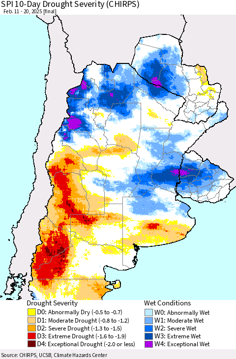 Southern South America SPI 10-Day Drought Severity (CHIRPS) Thematic Map For 2/11/2025 - 2/20/2025
