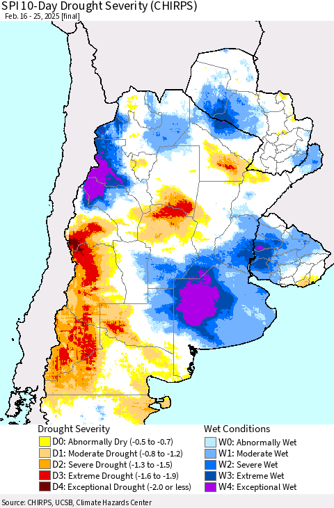 Southern South America SPI 10-Day Drought Severity (CHIRPS) Thematic Map For 2/16/2025 - 2/25/2025