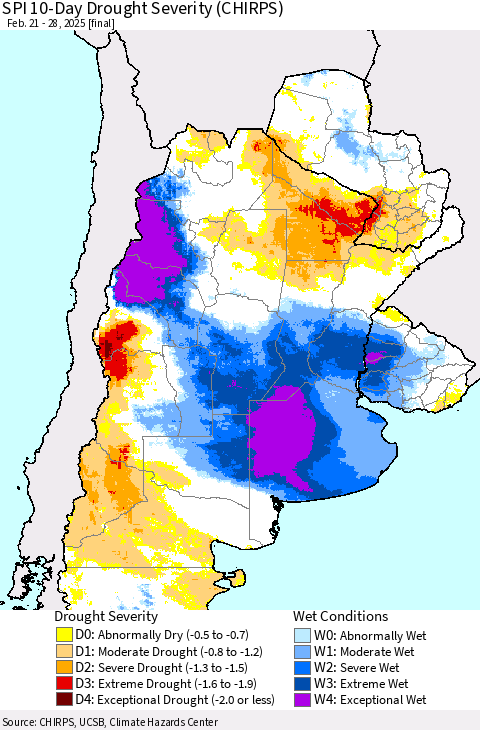 Southern South America SPI 10-Day Drought Severity (CHIRPS) Thematic Map For 2/21/2025 - 2/28/2025