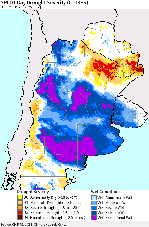 Southern South America SPI 10-Day Drought Severity (CHIRPS) Thematic Map For 2/26/2025 - 3/5/2025