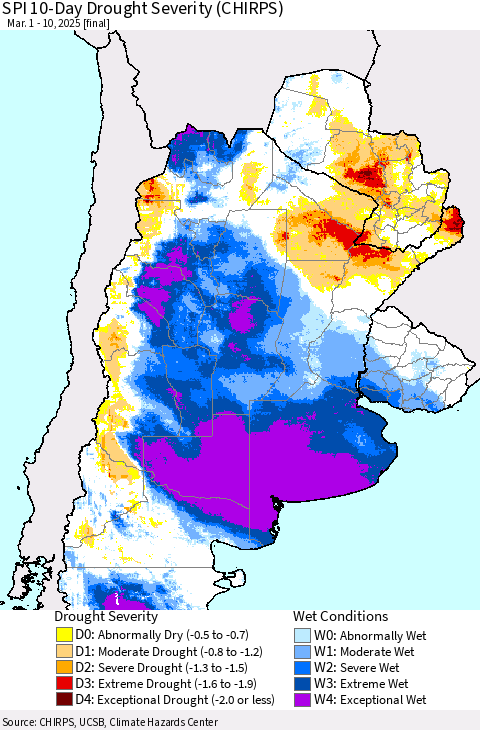 Southern South America SPI 10-Day Drought Severity (CHIRPS) Thematic Map For 3/1/2025 - 3/10/2025