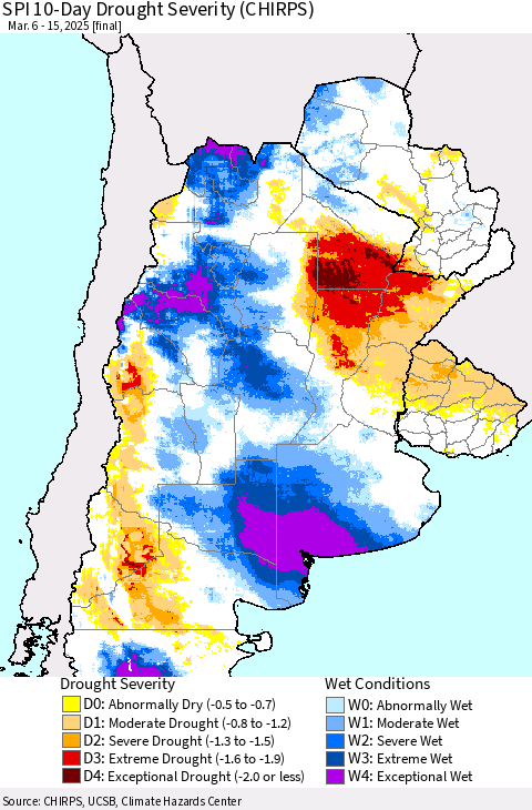 Southern South America SPI 10-Day Drought Severity (CHIRPS) Thematic Map For 3/6/2025 - 3/15/2025
