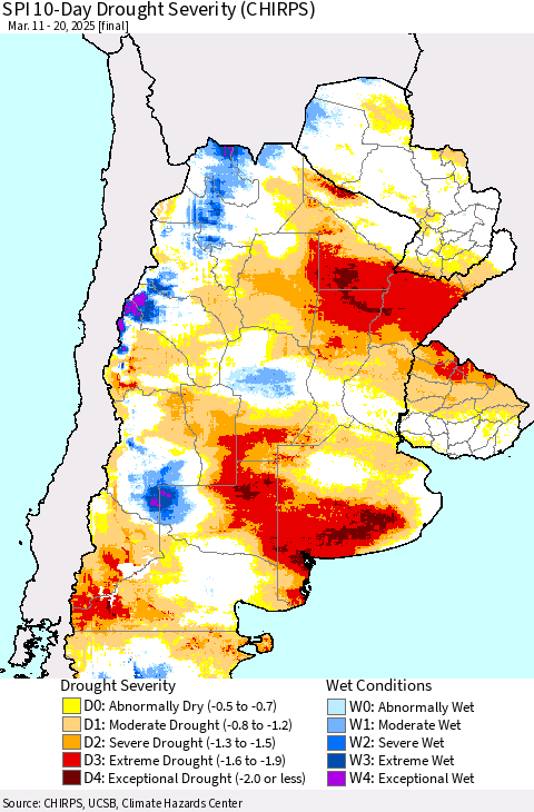 Southern South America SPI 10-Day Drought Severity (CHIRPS) Thematic Map For 3/11/2025 - 3/20/2025