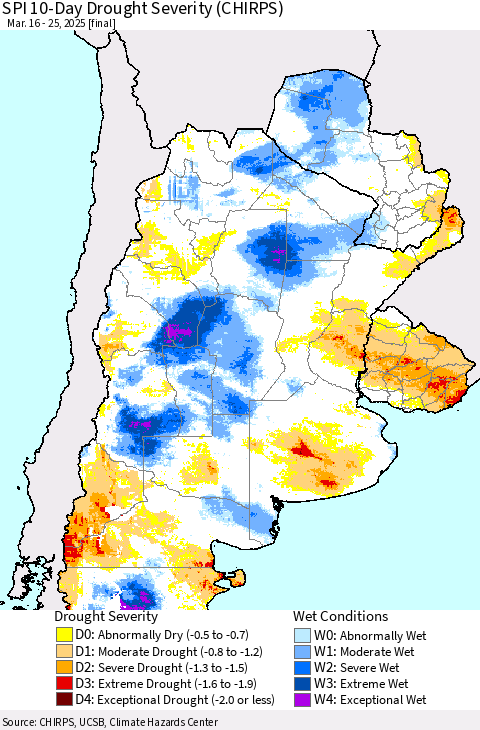 Southern South America SPI 10-Day Drought Severity (CHIRPS) Thematic Map For 3/16/2025 - 3/25/2025