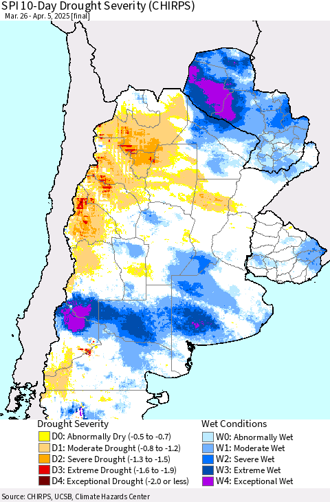 Southern South America SPI 10-Day Drought Severity (CHIRPS) Thematic Map For 3/26/2025 - 4/5/2025
