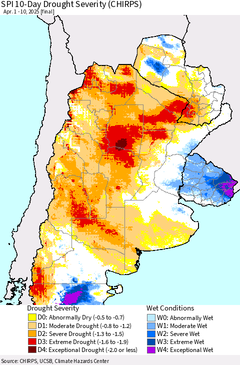 Southern South America SPI 10-Day Drought Severity (CHIRPS) Thematic Map For 4/1/2025 - 4/10/2025