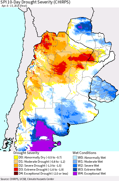 Southern South America SPI 10-Day Drought Severity (CHIRPS) Thematic Map For 4/6/2025 - 4/15/2025