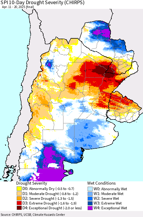 Southern South America SPI 10-Day Drought Severity (CHIRPS) Thematic Map For 4/11/2025 - 4/20/2025