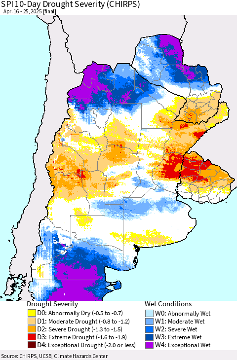 Southern South America SPI 10-Day Drought Severity (CHIRPS) Thematic Map For 4/16/2025 - 4/25/2025