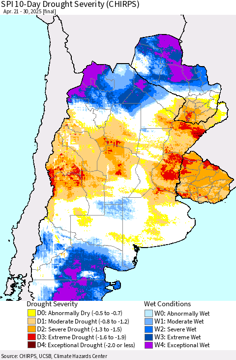 Southern South America SPI 10-Day Drought Severity (CHIRPS) Thematic Map For 4/21/2025 - 4/30/2025