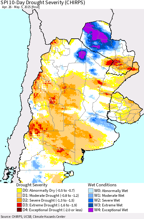 Southern South America SPI 10-Day Drought Severity (CHIRPS) Thematic Map For 4/26/2025 - 5/5/2025
