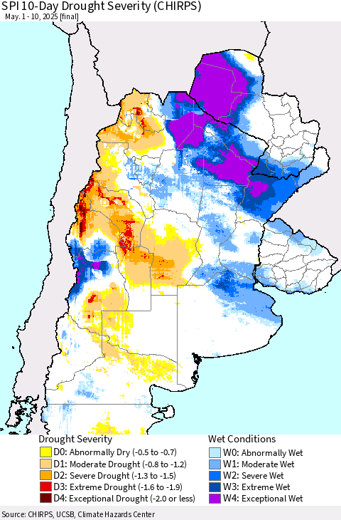Southern South America SPI 10-Day Drought Severity (CHIRPS) Thematic Map For 5/1/2025 - 5/10/2025