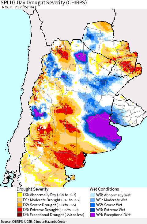 Southern South America SPI 10-Day Drought Severity (CHIRPS) Thematic Map For 5/11/2025 - 5/20/2025