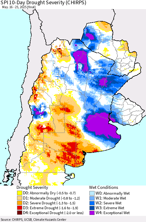 Southern South America SPI 10-Day Drought Severity (CHIRPS) Thematic Map For 5/16/2025 - 5/25/2025
