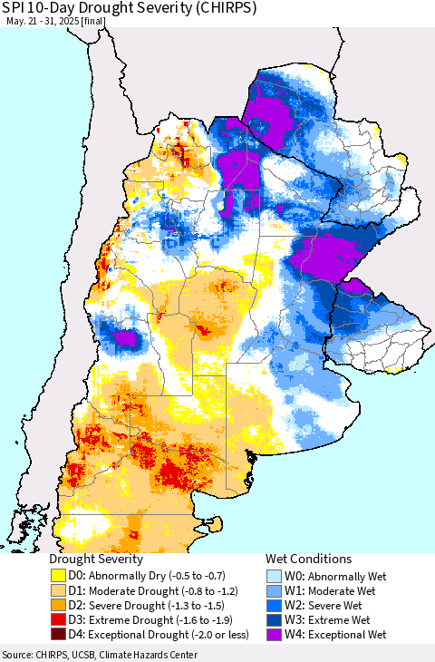 Southern South America SPI 10-Day Drought Severity (CHIRPS) Thematic Map For 5/21/2025 - 5/31/2025