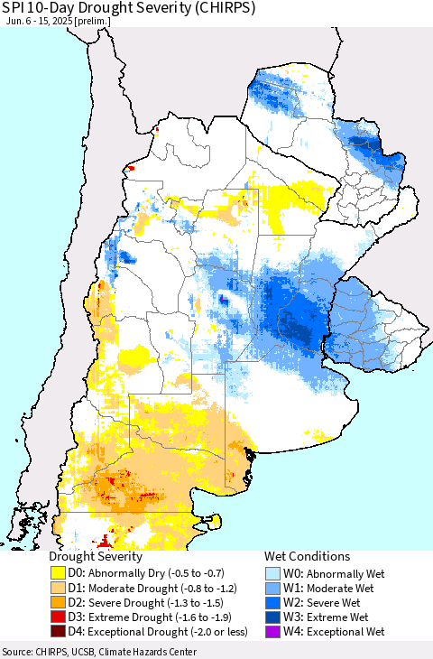 Southern South America SPI 10-Day Drought Severity (CHIRPS) Thematic Map For 6/6/2025 - 6/15/2025