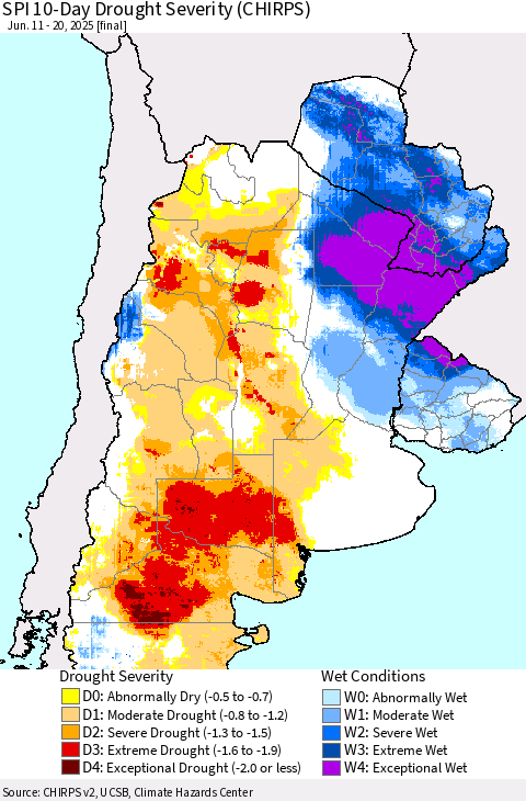Southern South America SPI 10-Day Drought Severity (CHIRPS) Thematic Map For 6/11/2025 - 6/20/2025