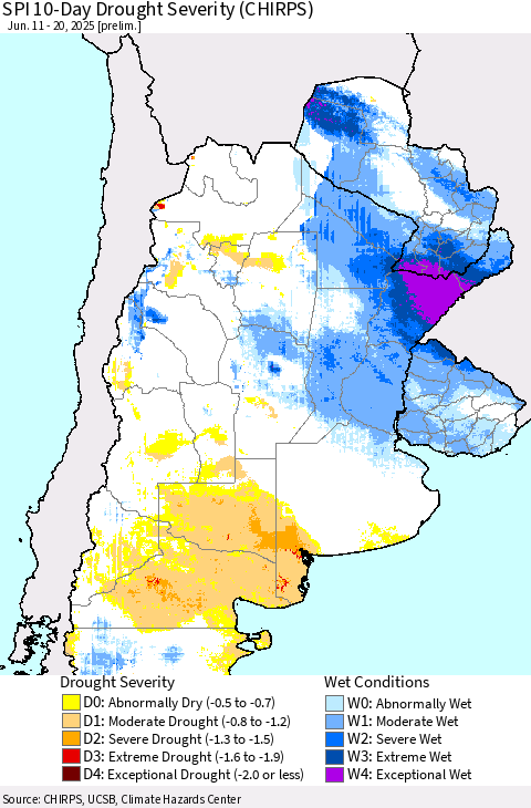 Southern South America SPI 10-Day Drought Severity (CHIRPS) Thematic Map For 6/11/2025 - 6/20/2025