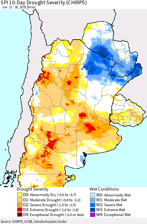 Southern South America SPI 10-Day Drought Severity (CHIRPS) Thematic Map For 6/21/2025 - 6/30/2025