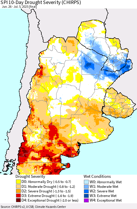 Southern South America SPI 10-Day Drought Severity (CHIRPS) Thematic Map For 6/26/2025 - 7/5/2025