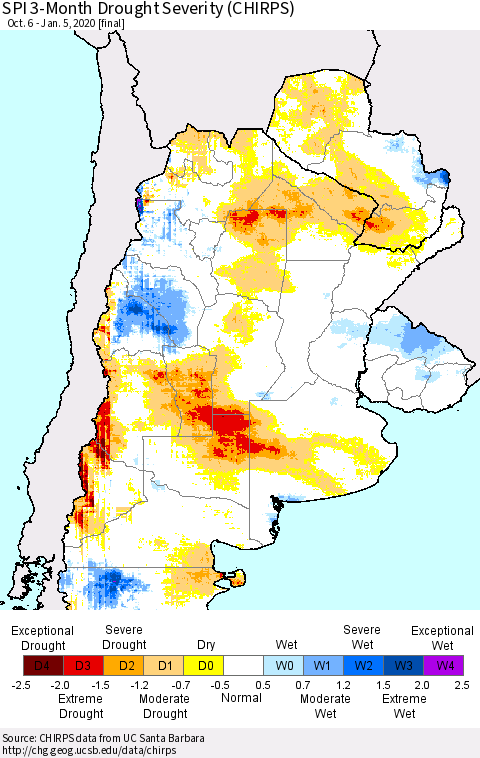 Southern South America SPI 3-Month Drought Severity (CHIRPS) Thematic Map For 10/6/2019 - 1/5/2020