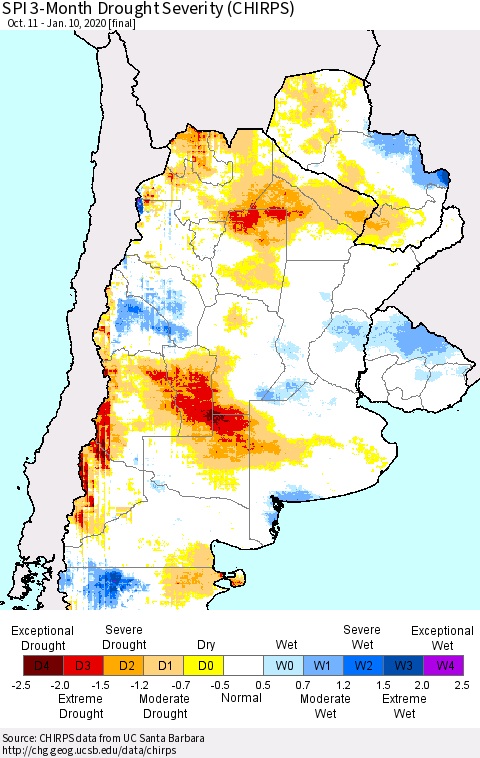 Southern South America SPI 3-Month Drought Severity (CHIRPS) Thematic Map For 10/11/2019 - 1/10/2020