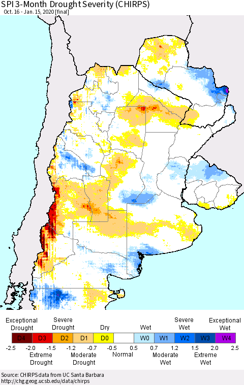 Southern South America SPI 3-Month Drought Severity (CHIRPS) Thematic Map For 10/16/2019 - 1/15/2020