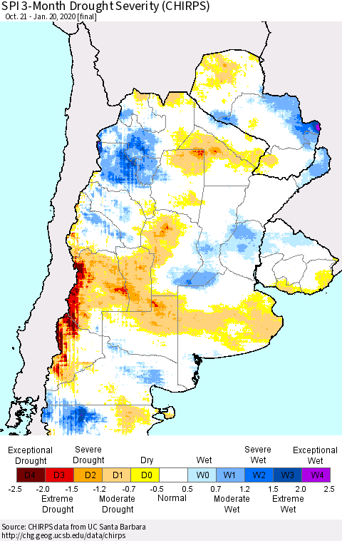Southern South America SPI 3-Month Drought Severity (CHIRPS) Thematic Map For 10/21/2019 - 1/20/2020