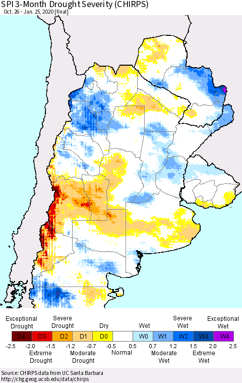Southern South America SPI 3-Month Drought Severity (CHIRPS) Thematic Map For 10/26/2019 - 1/25/2020