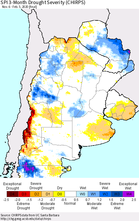 Southern South America SPI 3-Month Drought Severity (CHIRPS) Thematic Map For 11/6/2019 - 2/5/2020